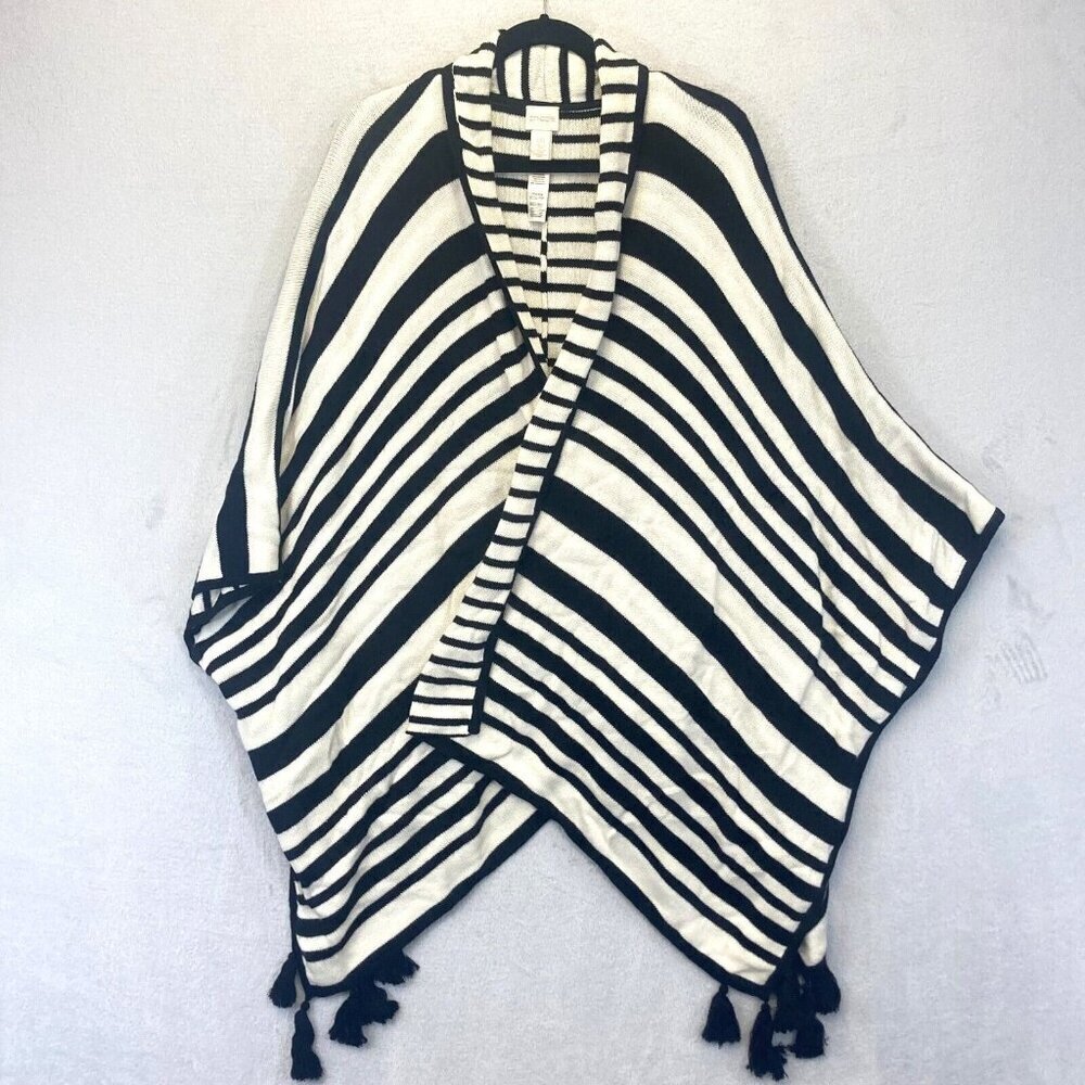 Chico's Open Front Poncho Knit Poncho Sweater One Size Cape Tassels Striped OSFA